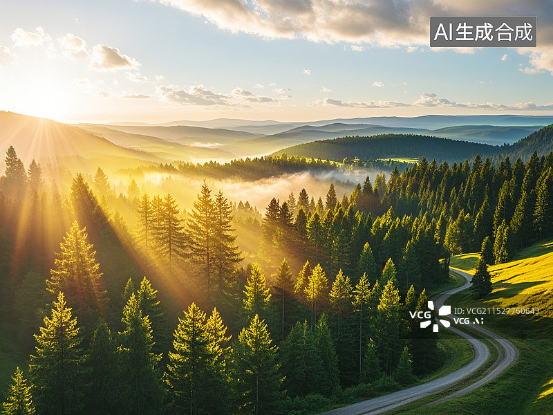 【AI数字艺术】夏季早晨金色阳光穿过原始森林与公路丁达尔光芒航拍视角图片素材