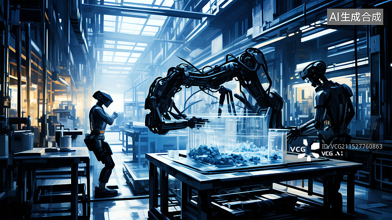 【AI数字艺术】人形工业机器人未来科技黑灯工厂插画图片素材