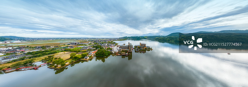 日本本州，中国地区，汤梨滨町，东乡湖，東鄉池，东乡温泉，望湖楼，山阴八景，日本唯一的湖上温泉，航拍图片素材