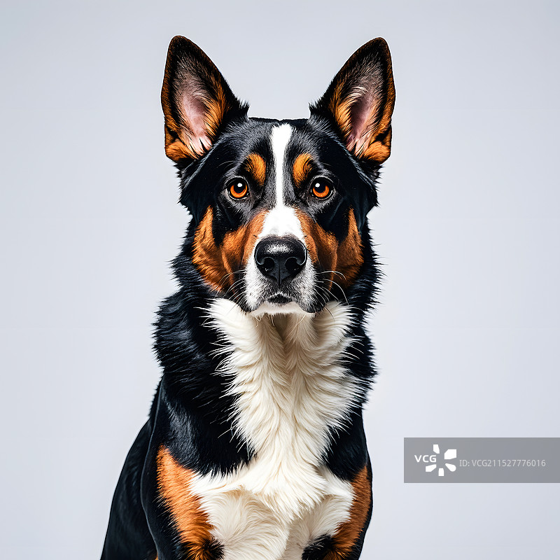 一只毛茸茸的狗,有着黑白棕三色的毛发,凝视着镜头。图片素材