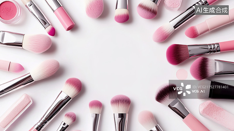 【AI数字艺术】白色背景下各种眉笔等美妆用品正上方视角背景图片素材