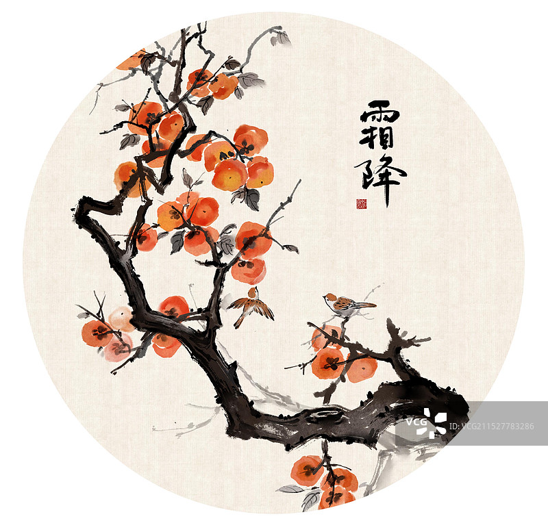 麻雀与柿子-霜降节气中国传统节日中国画古风水墨画海报设计模板图片素材