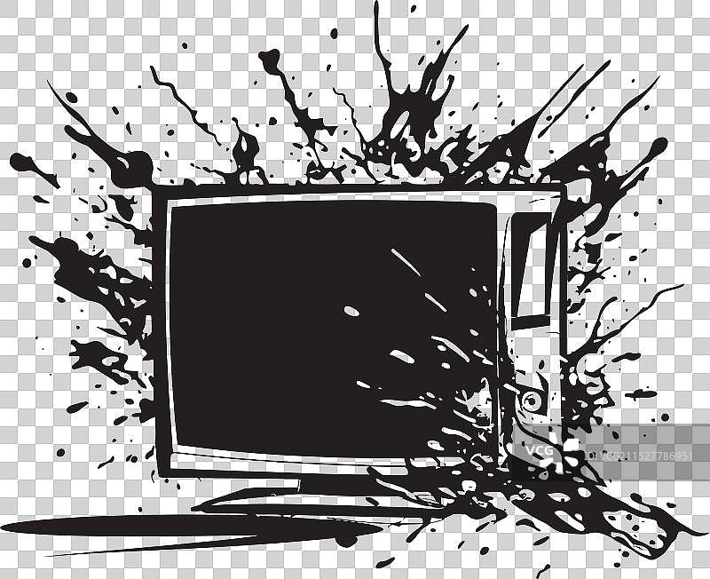 破碎电视的毁坏展示图标，风格为黑色电影图片素材