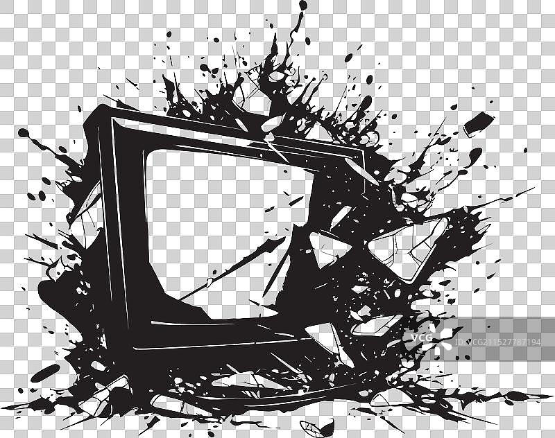 被毁坏的黑色电视机展示架图片素材