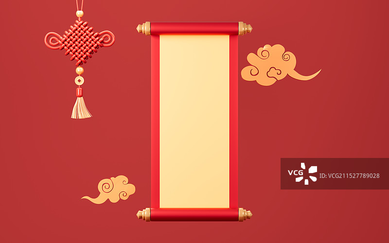 中国风空白卷轴和中国结3D渲染图片素材