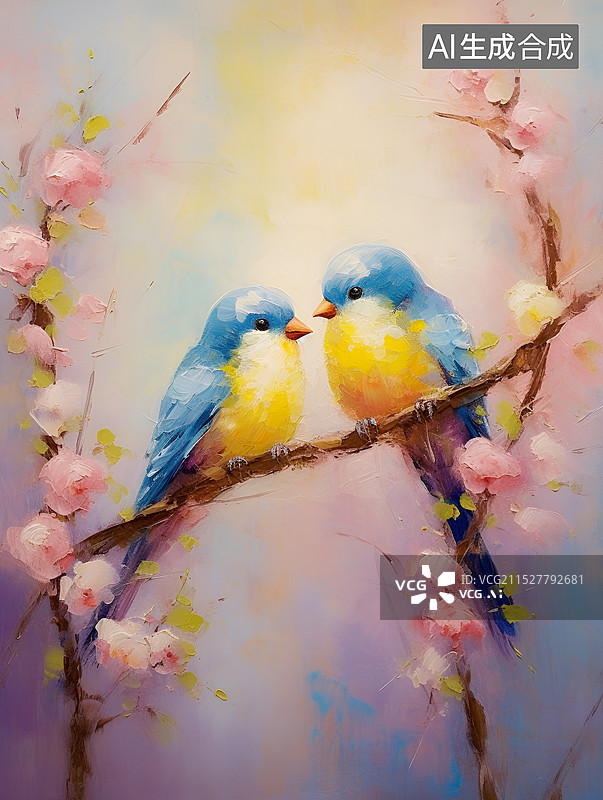 【AI数字艺术】油画两只美丽的小鸟图片素材