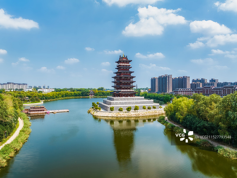 河南，商丘市，夏邑县，地标建筑，长寿阁，夏邑长寿博物馆，中华第一长寿阁，孔祖文化，长寿文化，航拍图片素材