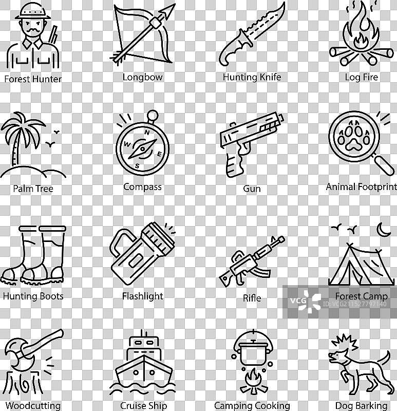 16种狩猎工具线性图标合集图片素材