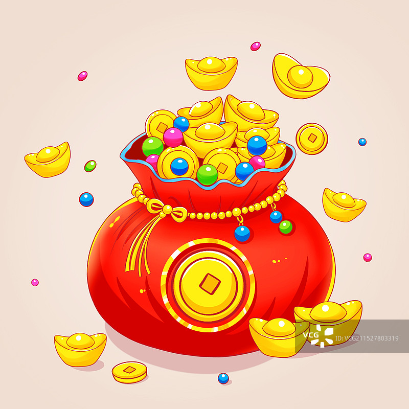 手绘钱袋金元宝金币插画图片素材