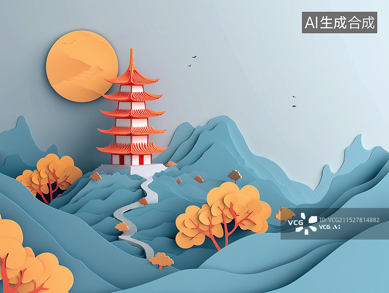 【AI数字艺术】中国建筑立体剪纸风场景图片素材