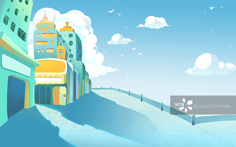 蓝天白云楼顶建筑手绘插画图片素材