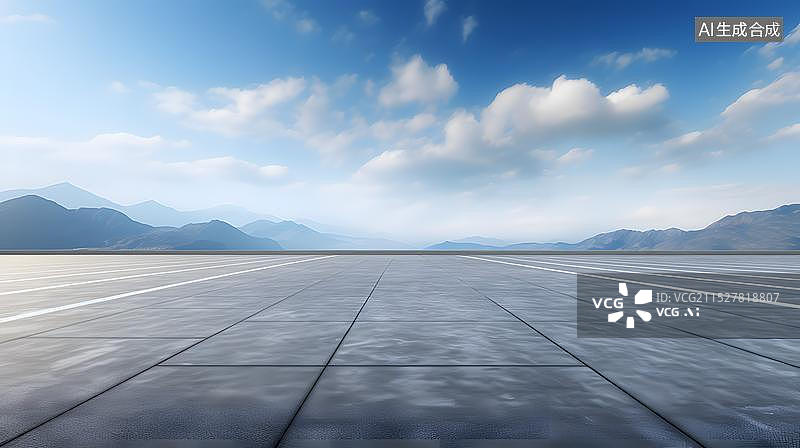 【AI数字艺术】蓝天下空旷的路面和远处青山绿水图片素材