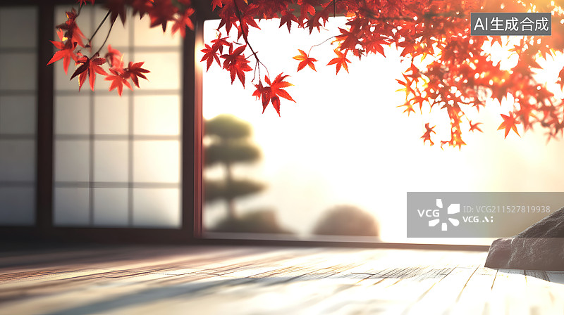 【AI数字艺术】庭院与红色的枫树枫叶图片素材