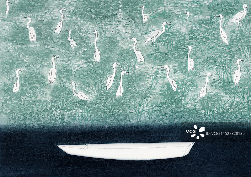 《白船与候鸟》水印木刻图片素材