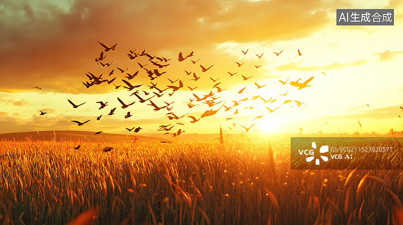 【AI数字艺术】秋天日落时金黄的麦田与天空中飞翔的鸟儿图片素材