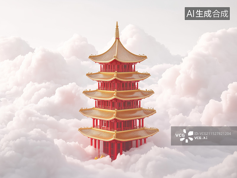 【AI数字艺术】云层中的中国传统建筑宝塔图片素材