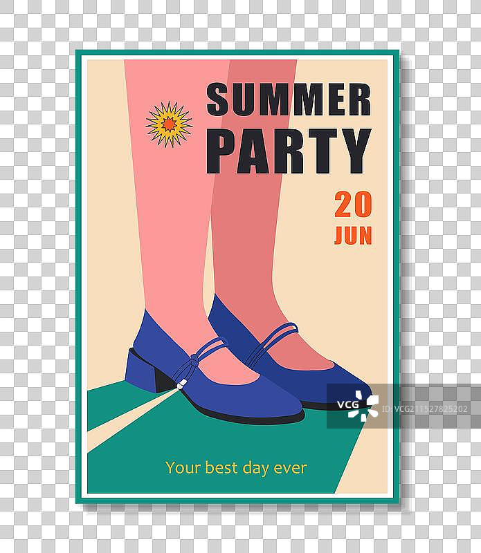 夏季派对海报，穿蓝色裙子的年轻女孩的腿图片素材