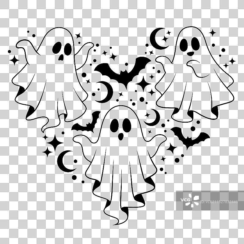 可爱的鬼魂心形图案，用于万圣节问候图片素材