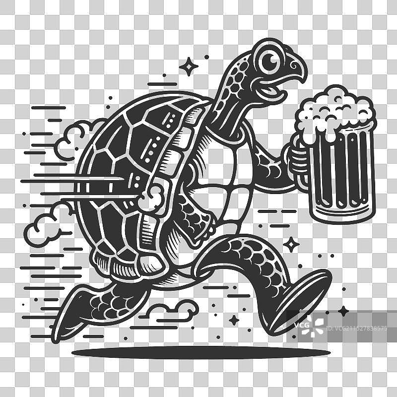 跑步的海龟与啤酒杯雕刻图片素材