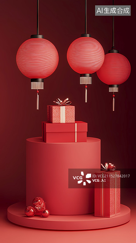 【AI数字艺术】传统中国新年红色基座和灯笼海报背景图片素材