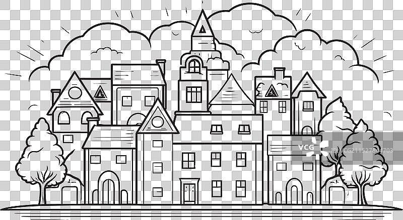 城市天际线对称图标城市风景素描图片素材