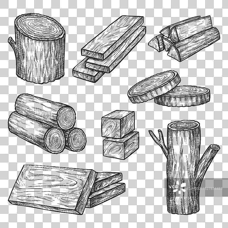 一组劈开的木材或切割的木料素描图片素材