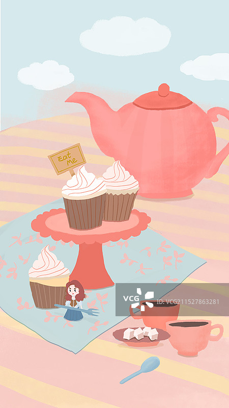 童话马卡龙梦幻下午茶蛋糕和女孩图片素材