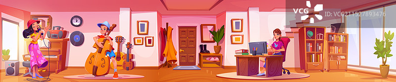 女人和孩子们在宽敞的家居室内图片素材