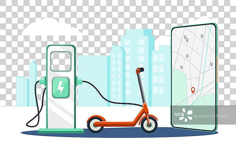 红色滑板车充电和智能手机图片素材