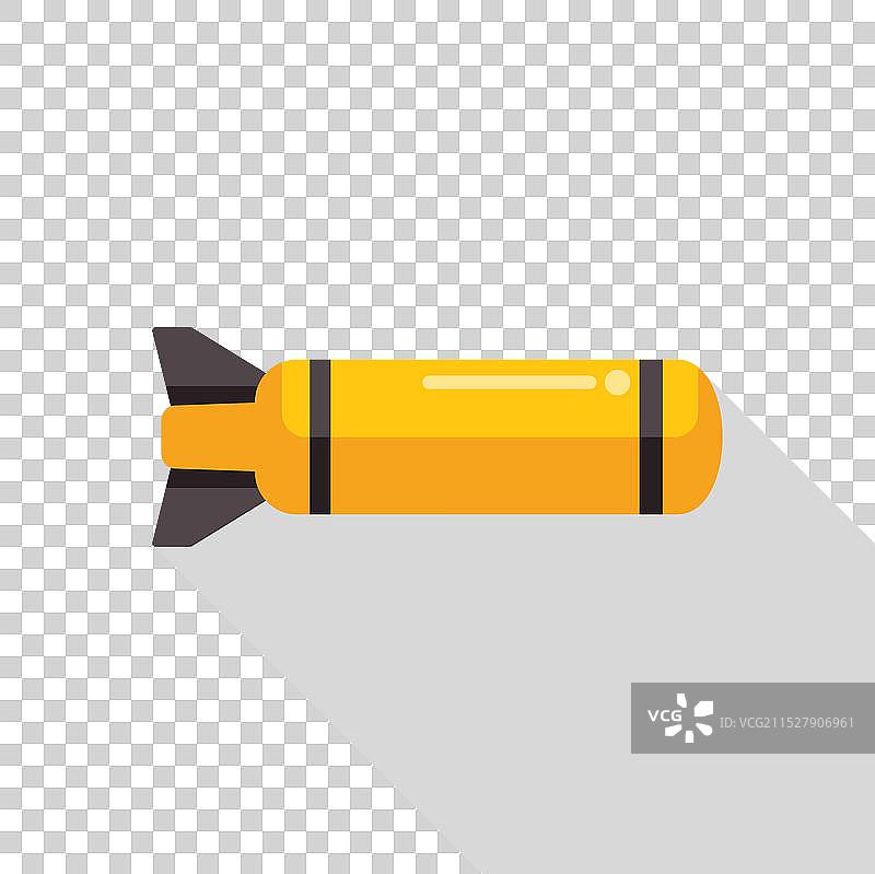 黄色火箭导弹飞行中，投下长长的阴影图片素材