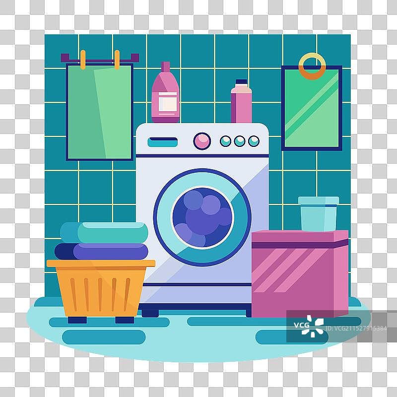 洗衣机、镜子、毛巾、洗衣篮和图片素材