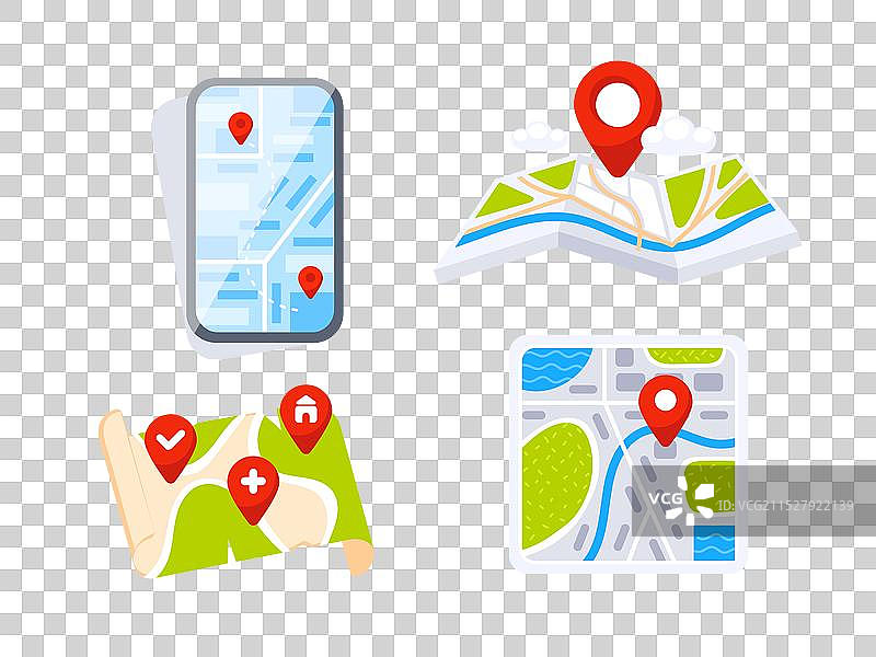 一组显示不同地图样式的位置图标图片素材