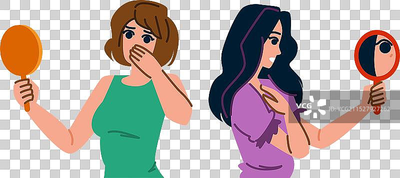 脆弱的女人在镜子前感到恐惧图片素材