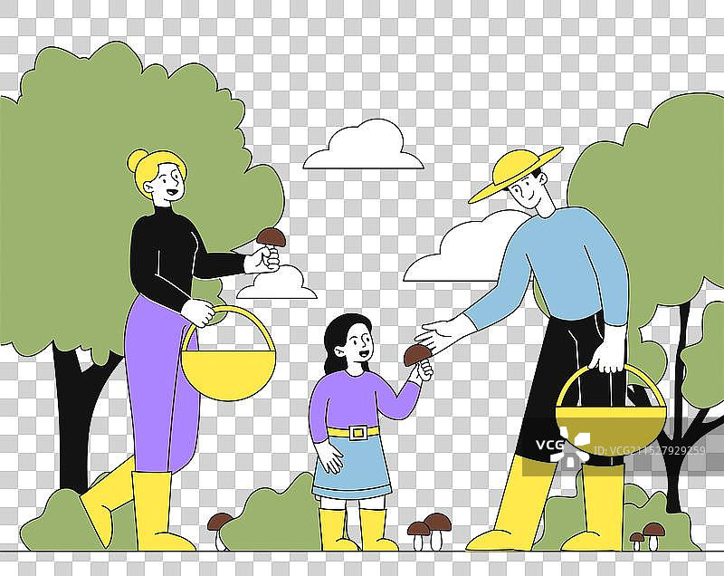 一家人采蘑菇，父亲和母亲与孩子们一起。图片素材