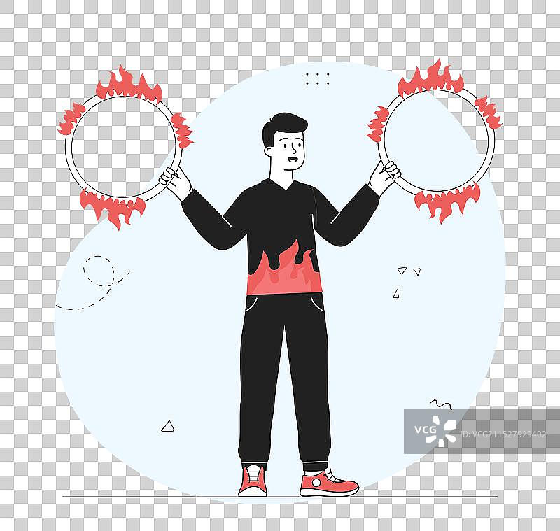 玩火的杂技演员，男子在玩耍燃烧的火圈图片素材
