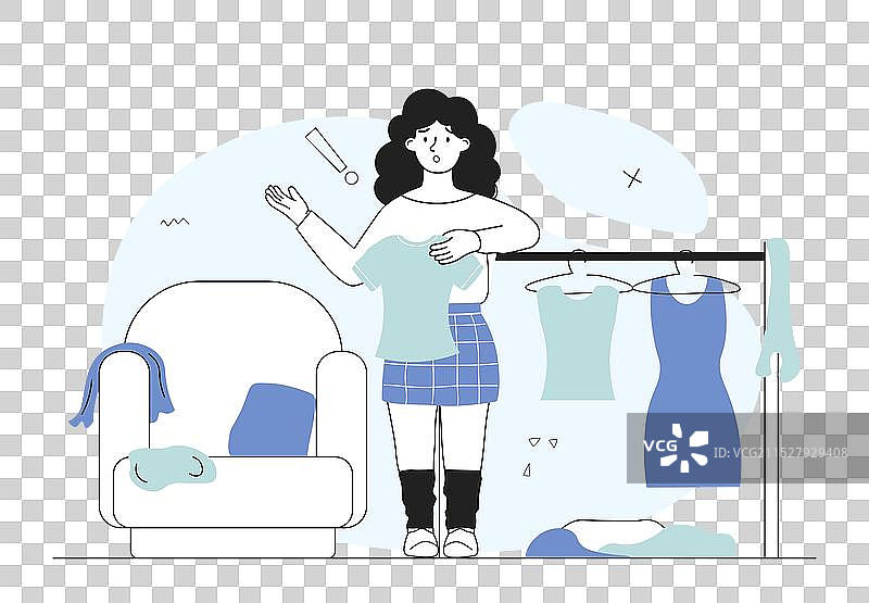 女孩变胖了，丰满的女性穿着小号T恤站着。图片素材