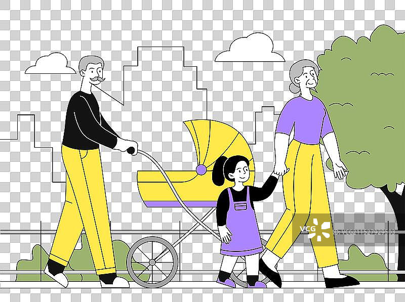 祖父母牵着婴儿散步，老年男女。图片素材