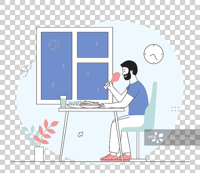 年轻男子在夜晚吃零食，显得很饿。图片素材