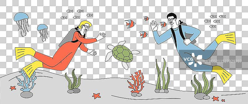 海洋中的潜水员，男女潜水者图片素材