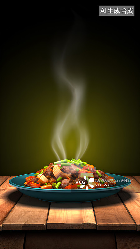 【AI数字艺术】美味菜肴图像 放在木桌上的一盘炒菜图片素材