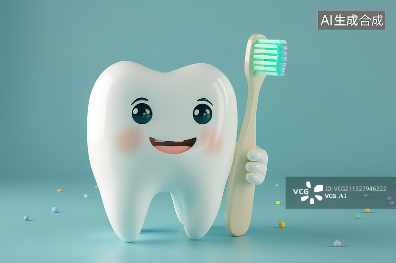 【AI数字艺术】3D可爱的牙齿模型拿着牙刷——口腔护理概念图片素材