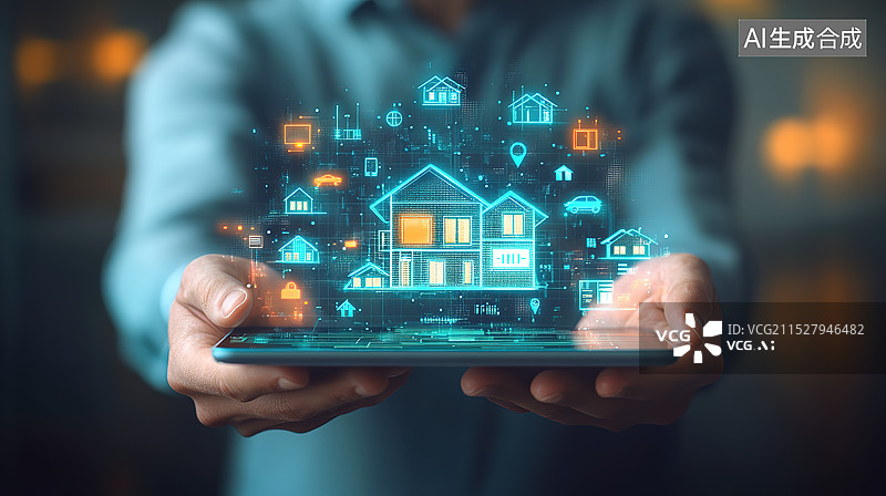 【AI数字艺术】双手捧着平板电脑投射出智能化房屋全息影像——智能家居概念图片素材