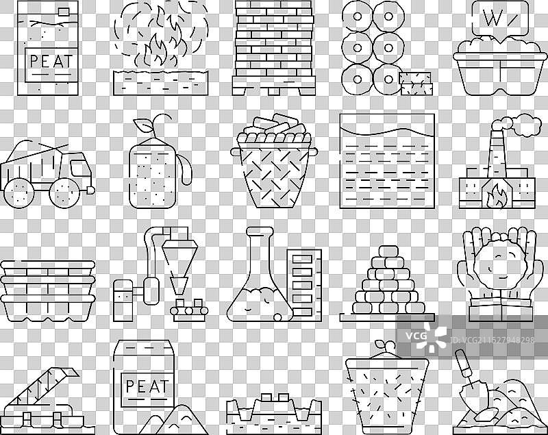泥炭燃料生产收集图标集图片素材