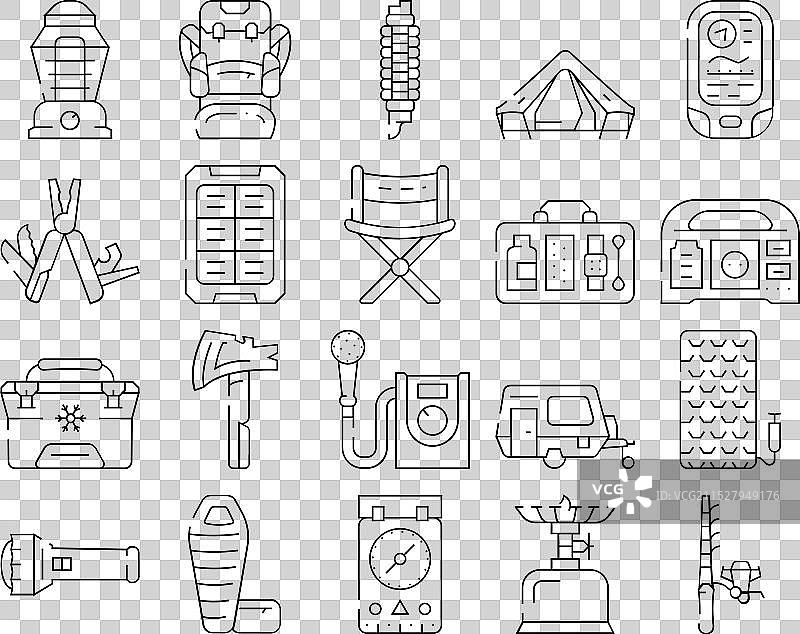 露营徒步旅行者工具和小工具图标集图片素材