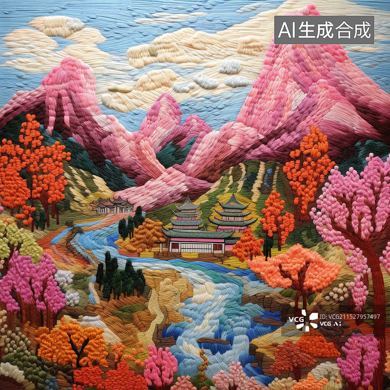 【AI数字艺术】中国风国潮山水与中式建筑庭院三维剪纸风格背景图片素材