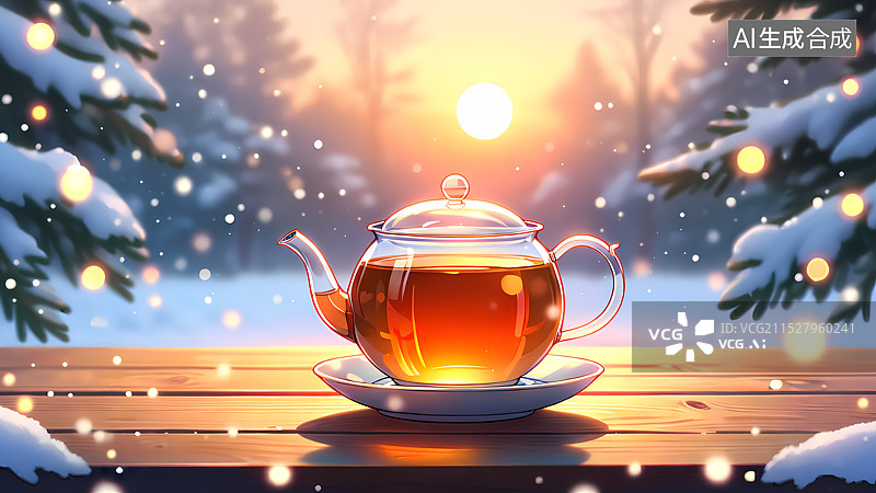 【AI数字艺术】冬天户外的茶壶插画图片素材