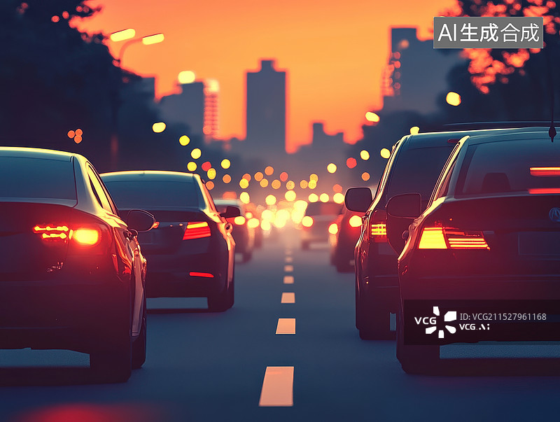【AI数字艺术】晚高峰时段，市区道路出现了短暂的交通堵塞图片素材