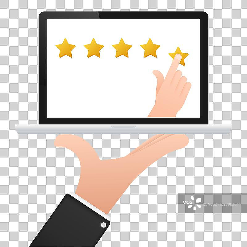 手在笔记本电脑屏幕上给出五星评价图片素材