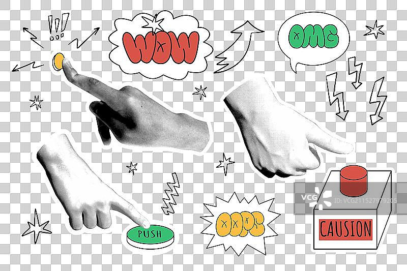 半色调拼贴画，包含手和按钮图片素材