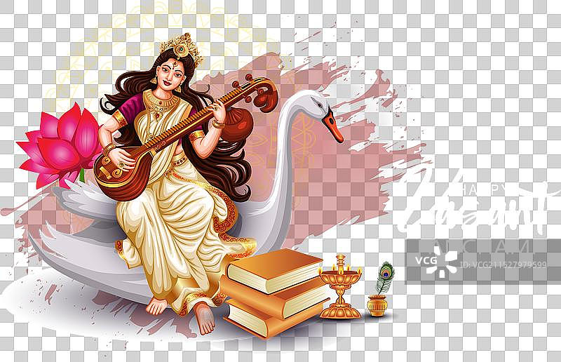 印度欢庆瓦桑特·潘查米祭祀的萨拉斯瓦蒂图片素材